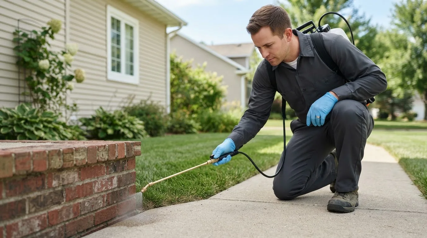 Pest control technician treating a home near Marion, NY